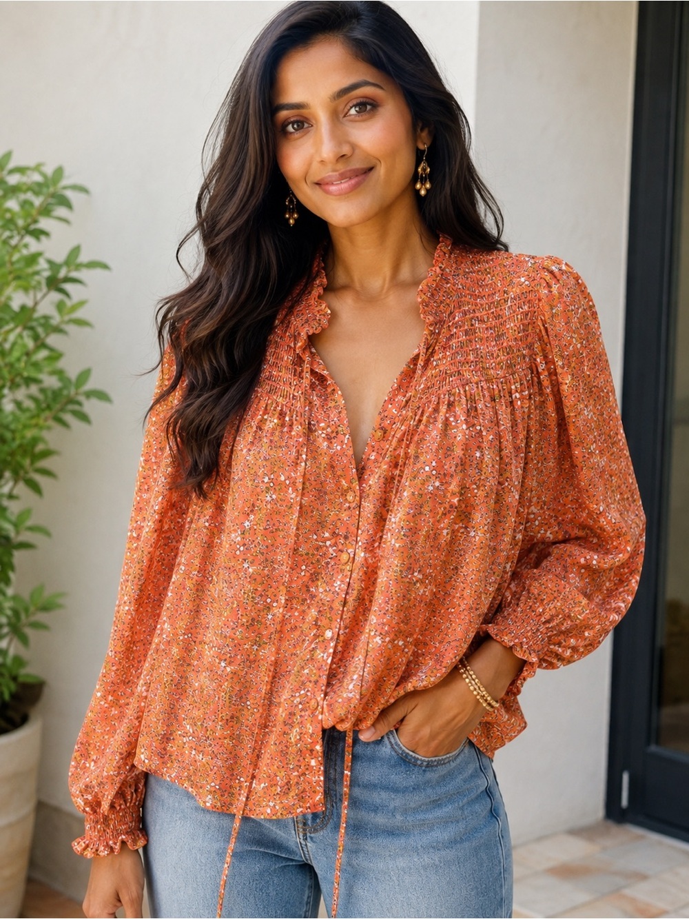 Free People Orange Floral Smocked Peasant Blouse Boho Top